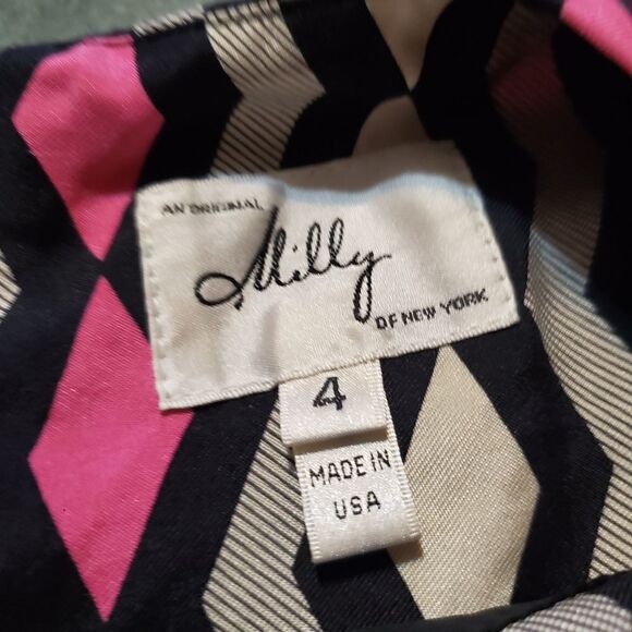 Milly of New York geometric silk pink,black&grey dress sz 4 - Picture 2 of 4